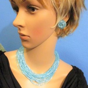 Blue Glass Bead  Convertible Necklace Earrings Set